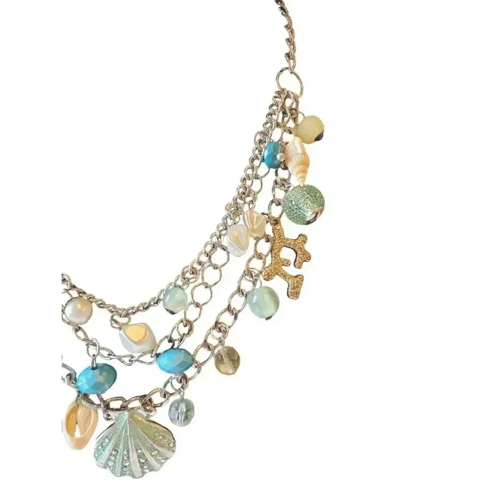 Triple Strand‎ Shell Crystal Bead Bib NecklaceTeal Blues Spring Summer Classic